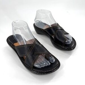 Born Carrine Black Leather Crisscross Toe Loop Wedge Sandals Women Sz 8 US/39 EU